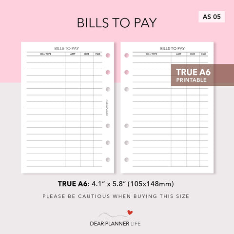 Bills to Pay (A6 Rings) Printable PDF : AS-05