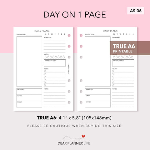 Day On 1 Page (A6 Rings) Printable PDF : AS-06