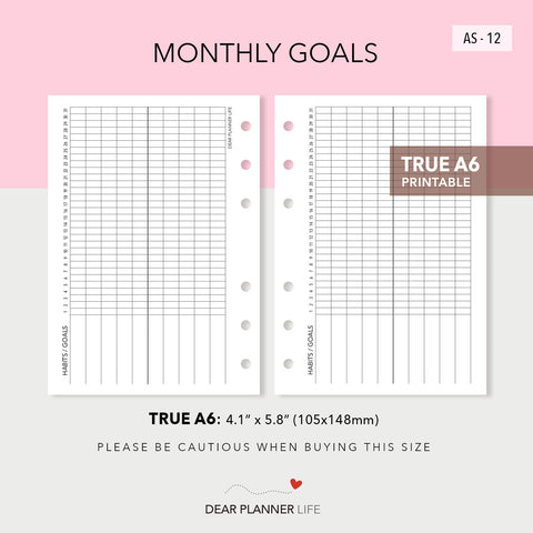 Monthly Goal Tracker (A6 Rings) Printable PDF : AS-12