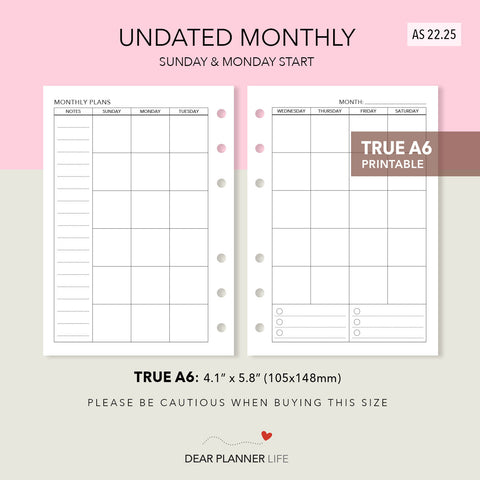 Undated Month on 2 Pages (A6 Rings) Printable PDF : AS-22.25