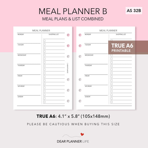 Meal Planning B (A6 Rings) Printable PDF : AS-32b