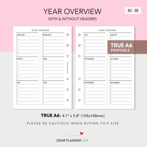 Year Overview / Goals Tracker (A6 Rings) Printable PDF : AS-38
