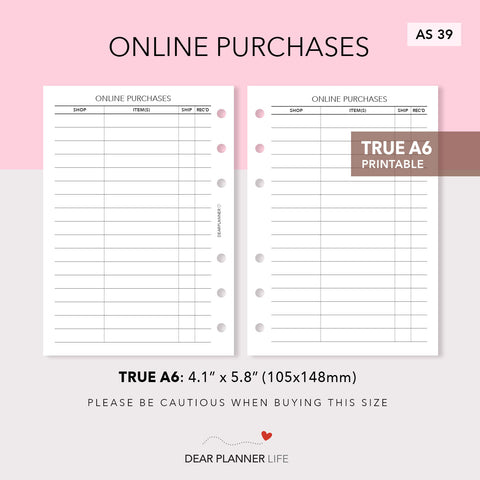 Online Purchases Tracker (A6 Rings) Printable PDF : AS-39