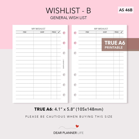 Wishlist Tracker (A6 Rings) Printable PDF : AS-46B