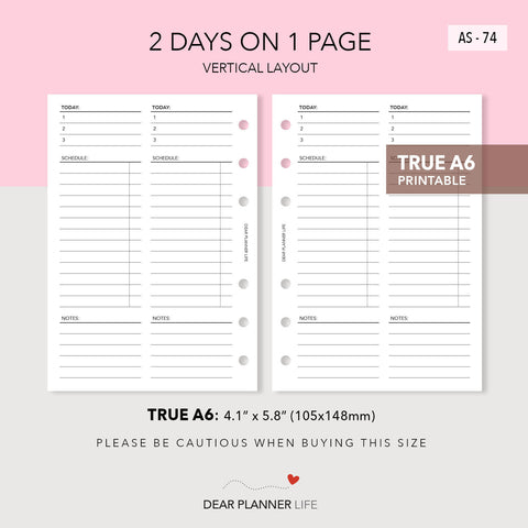 2 Days On 1 Page Vertical Layout (A6 Rings) Printable PDF : AS-74