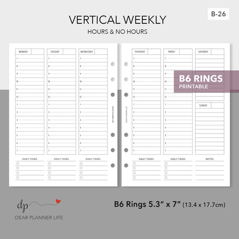 Vertical Week on 2 Pages (B6 Rings Size) Printable PDF : B-26
