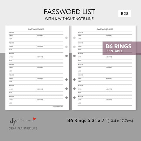 Password List Tracker (B6 Rings Size) Printable PDF : B28