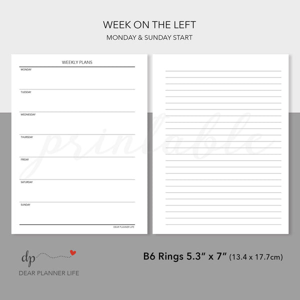 Simple Undated Week on 1 Page (B6 Rings Size) Printable PDF : B-31