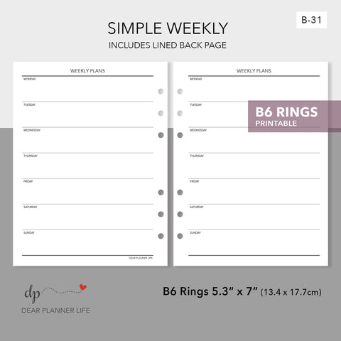 Simple Undated Week on 1 Page (B6 Rings Size) Printable PDF : B-31