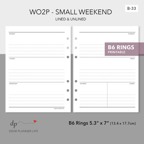 Week on 2 Pages with Small Weekend (B6 Rings Size) Printable PDF : B-33
