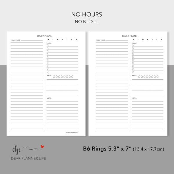 Daily Plans With & Without Hours (B6 Rings Size) Printable PDF : B-36