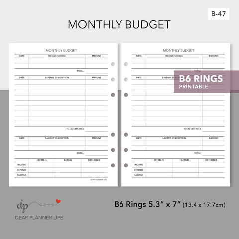 Monthly Budget Tracker (B6 Size) Printable PDF : B-47