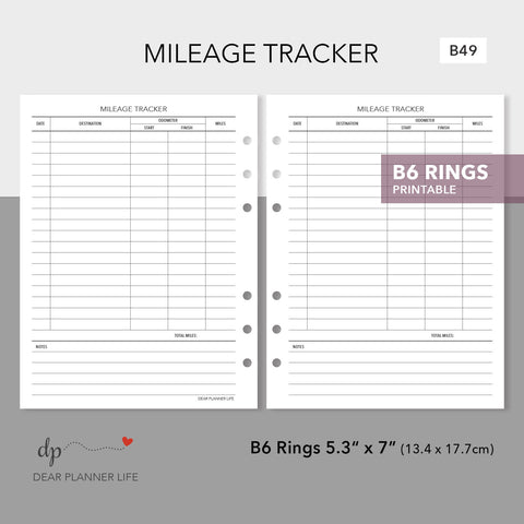 Mileage Tracker (B6 Rings Size) Printable PDF : B-49