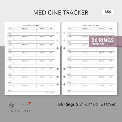 Medicine Tracker (B6 Size) PDF Printable : B-50