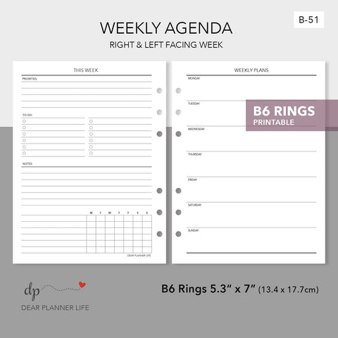Undated Weekly / Agenda (B6 Rings Size) Printable PDF : B-51
