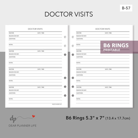 Doctor Visits Tracker (B6 Size) PDF Printable : B-57