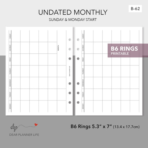 Undated Horizontal Monthly Template (B6 Rings Size) Printable PDF : B-62