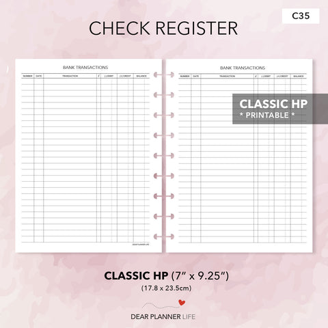 Check Register (Classic HP Size) Printable PDF : C35