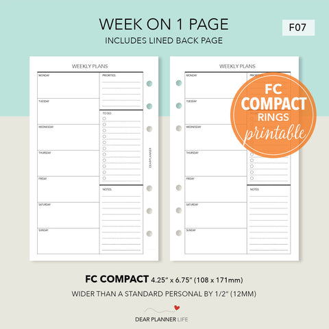 Undated Week on 1 Page (FC Compact Size) Printable PDF : F-07