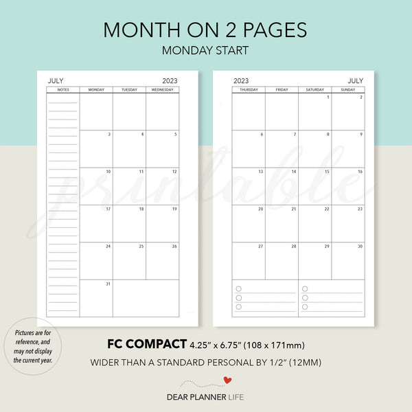 2025 Month On 2 Pages, MONDAY Start (FC Compact) Printable PDF : F-25