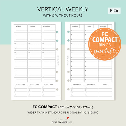 Vertical Week on 2 Pages With or Without Time (FC Compact Size) Printable PDF : F-26