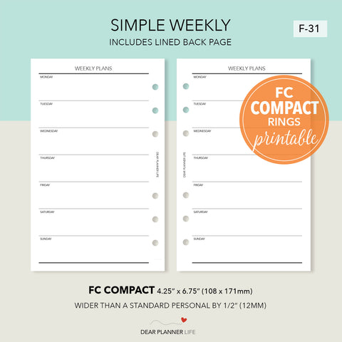 Simple Week on 1 Page, Undated (FC Compact Size) Printable PDF : F-31