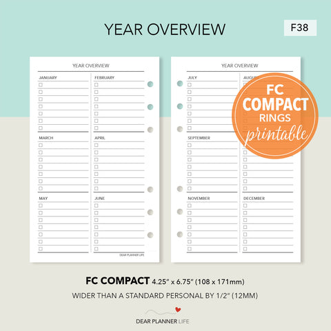Year Overview Tracker (FC Compact Size) Printable PDF : F-38