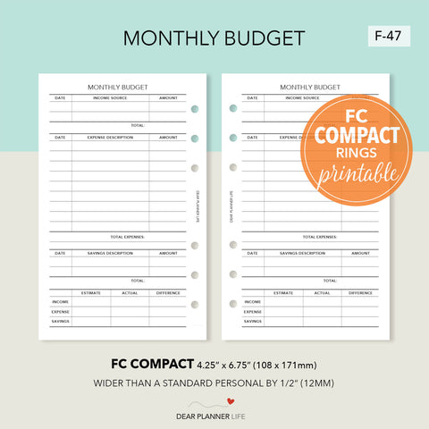 Monthly Budget Tracker (FC Compact) Printable PDF : F-47
