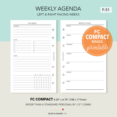 Undated Weekly / Agenda (FC Compact Size) Printable PDF : F-51