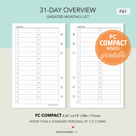 31-Day List Monthly Overview (FC Compact) Printable PDF: F-61