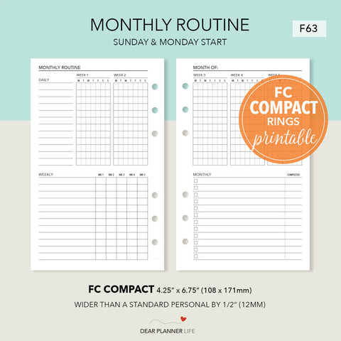 Monthly Routine Tracker (FC Compact Size) Printable PDF : F-63