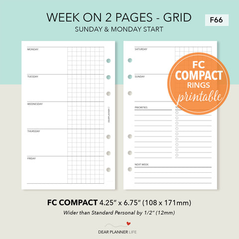 Horizontal Week on 2 Pages with Grid (FC Compact Size) Printable PDF : F-66