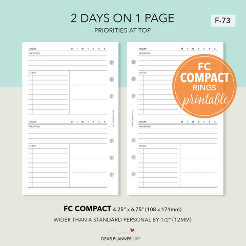 2 Days on 1 Page with Priorities at Top (FC Compact) Printable PDF : F-73