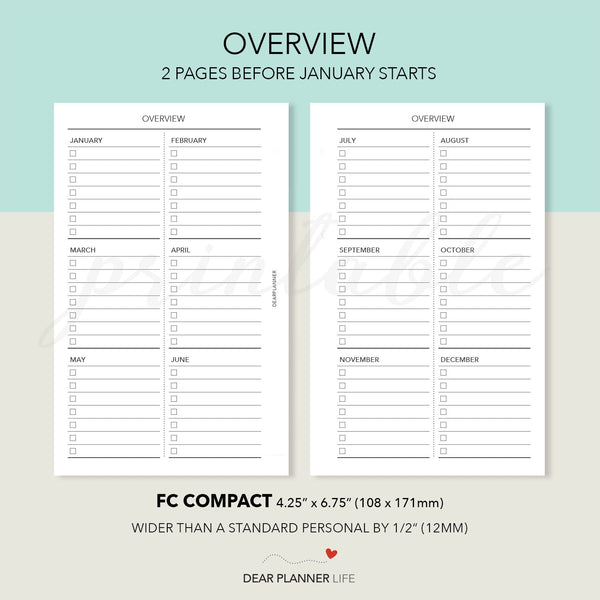 2025 Vertical Monthly with Month Overview, MONDAY Start (FC Compact Size) Printable PDF : F-68
