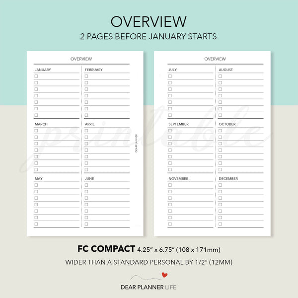 2025 SUNDAY Start Month On 2 Pages (FC Compact Size) Printable PDF : F-22
