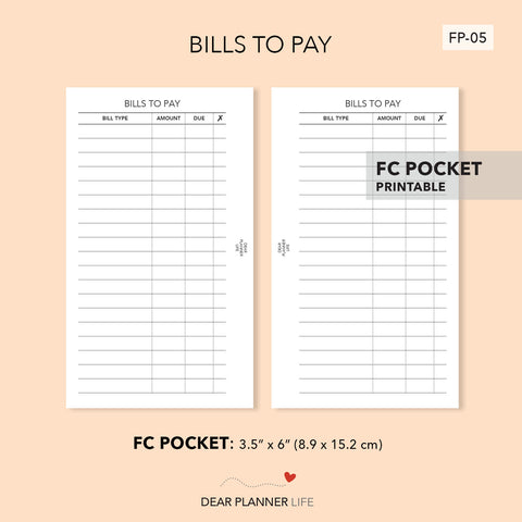 Bills To Pay Page (FC Pocket) Printable PDF : FP-05