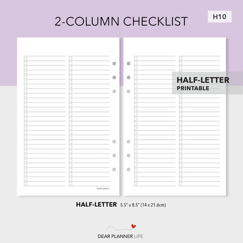 2-Column Checklist (Half-Letter) Printable PDF : H10