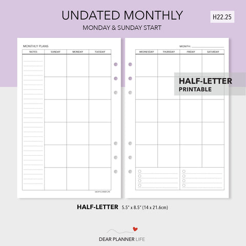 Undated Monthly Template (Half-Letter) Printable PDF : H-22.25