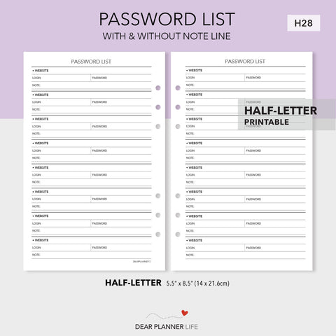 Password List Tracker (Half-Letter) Printable PDF : H28