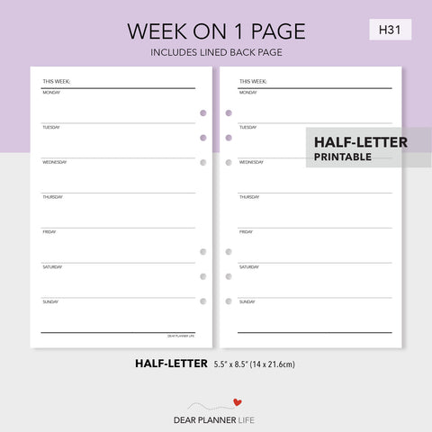 Simple Week on 1 Page Template (Half-Letter) Printable PDF : H-31