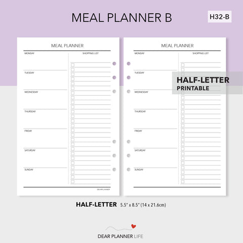 Meal Planning (Half-Letter) Printable PDF : H32-B