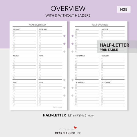 Year Overview (Half-Letter) Printable PDF : H38
