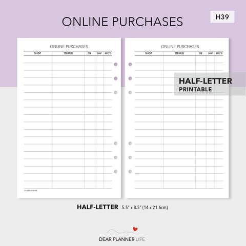 Online Purchases Tracker (Half-Letter) Printable PDF : H39