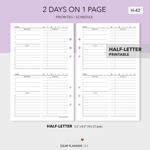 2 Days on 1 Page, Priority & Schedule at Top (Half-Letter) Printable PDF : H-42