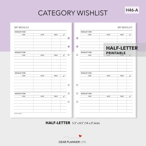 Category Wishlist Tracker (Half-Letter) Printable PDF : H46-A