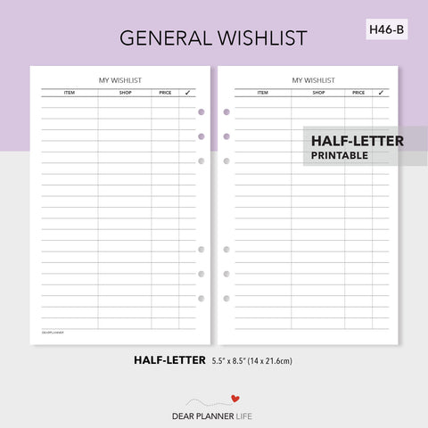 General Wishlist Tracker (Half-Letter) Printable PDF : H46-B