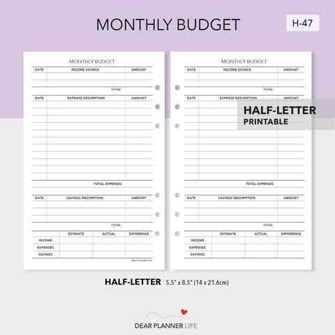 Monthly Budget Tracker (Half-Letter) Printable PDF : H-47
