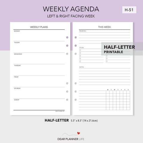 Undated Week on 1 Page / Agenda (Half-Letter) Printable PDF : H-51