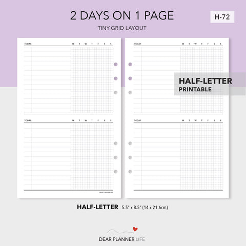 2 Days on 1 Page With Tiny Grid (Half-Letter) Printable PDF : H-72