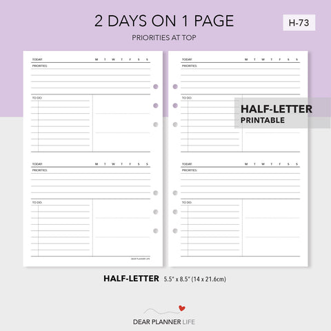 2 Days on 1 Page, Priorities at Top (Half-Letter) Printable PDF : H-73
